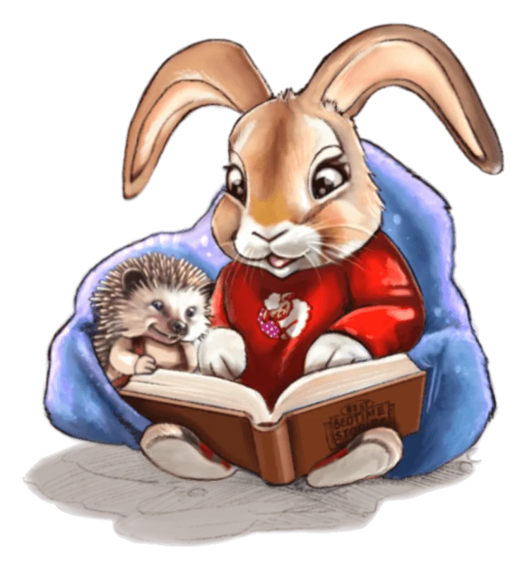 Floppy the rabbit reading a book with Duncan the hedgehog tucked under a blue blanket